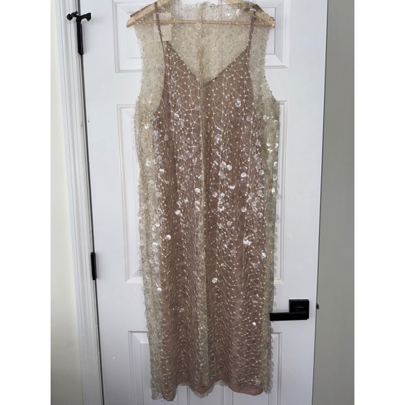 PEAOBLRLD Womens Sheer Sequin Overlay Slip Dress Midi Beige Size L Sleeveless - Picture 5 of 9